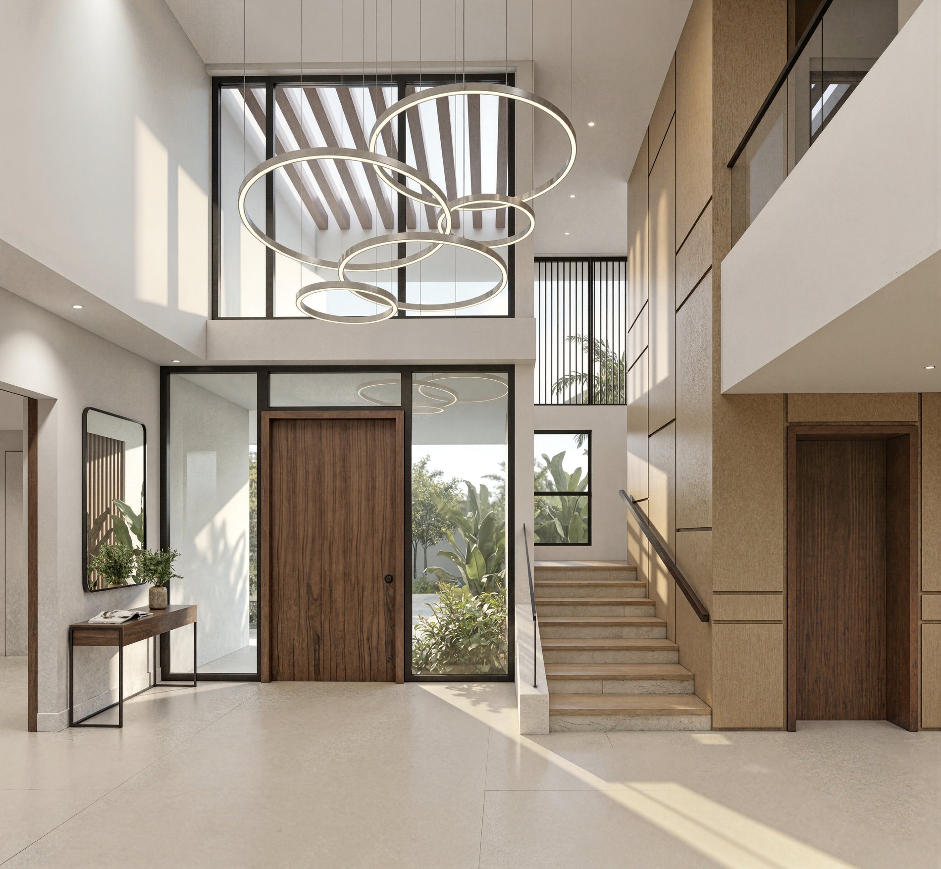 Double height foyer with a sculptural ring chandelier and the stair beyond