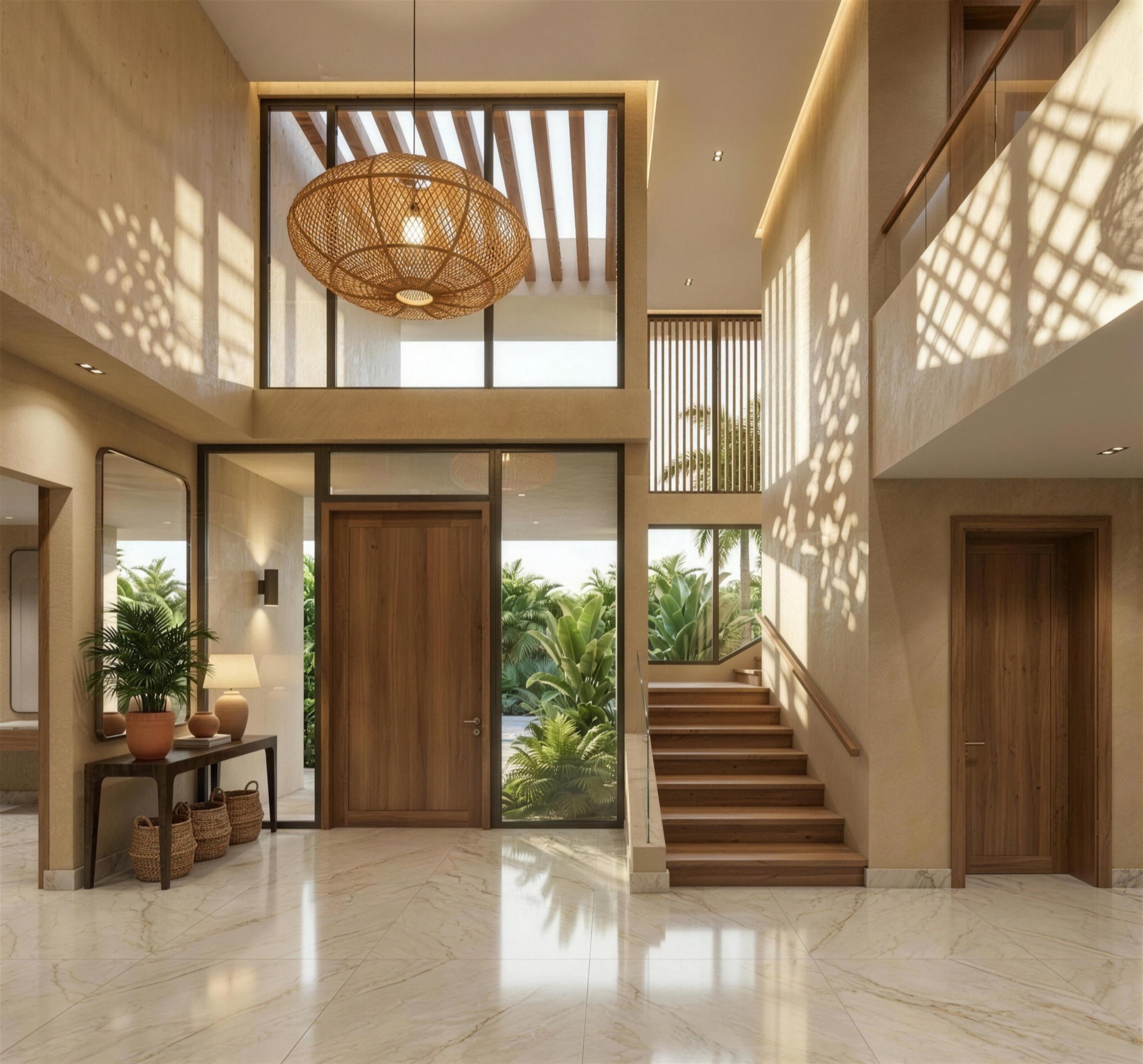 Double height foyer with a stair turning toward the garden