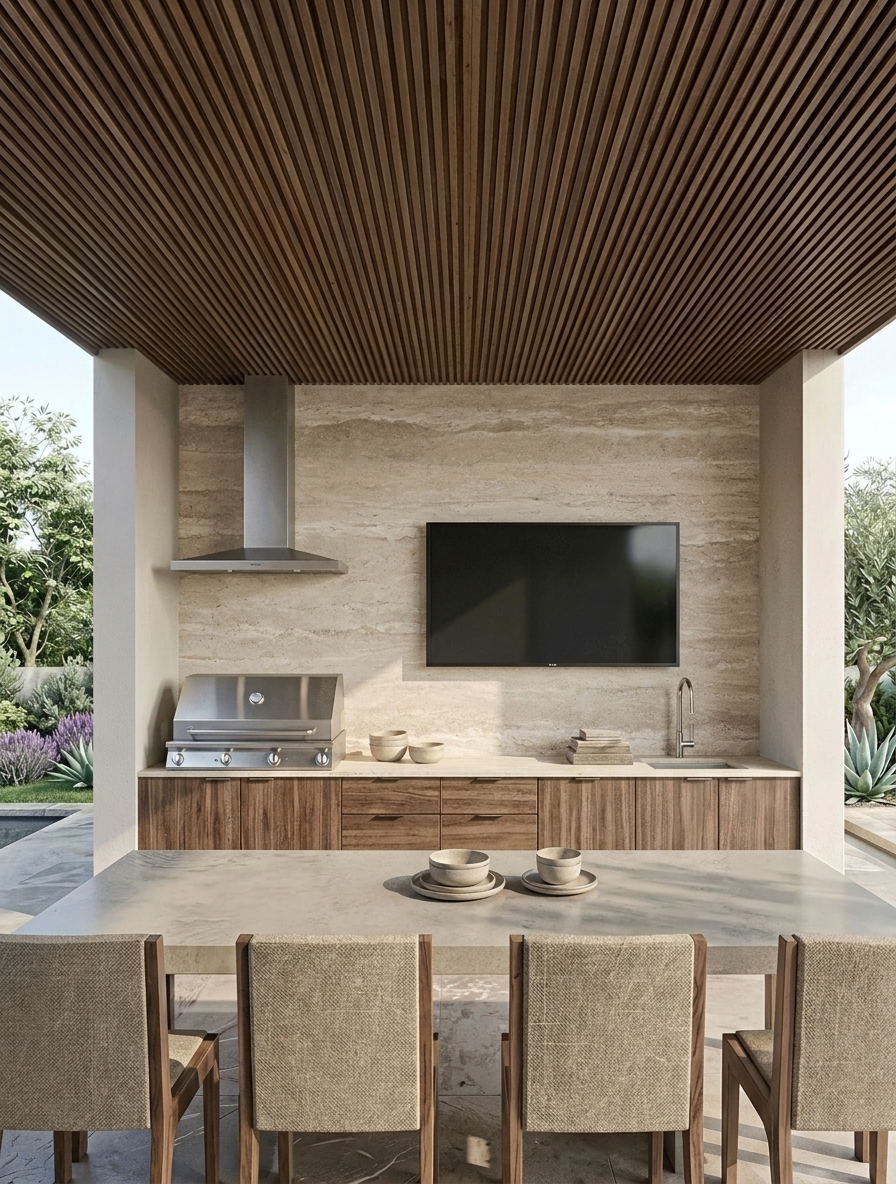 Cabana with the outdoor kitchen under a slatted wood ceiling