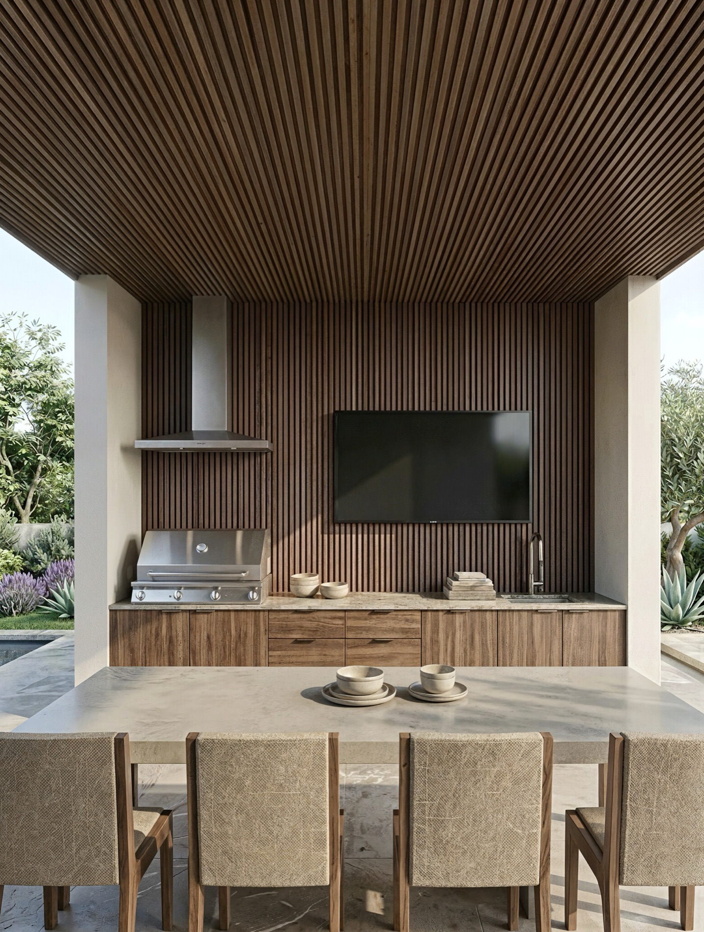 Outdoor kitchen under a slatted wood ceiling