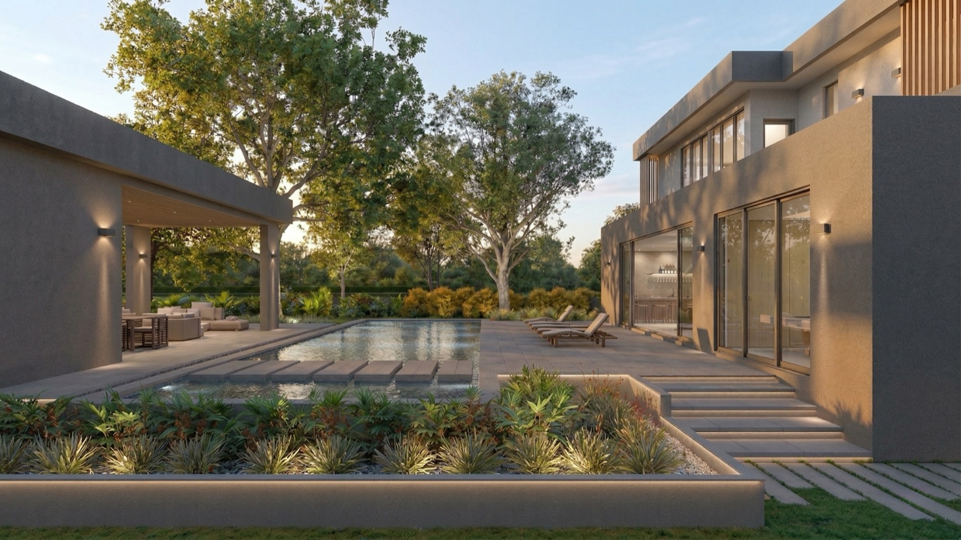 The garden elevation at golden hour