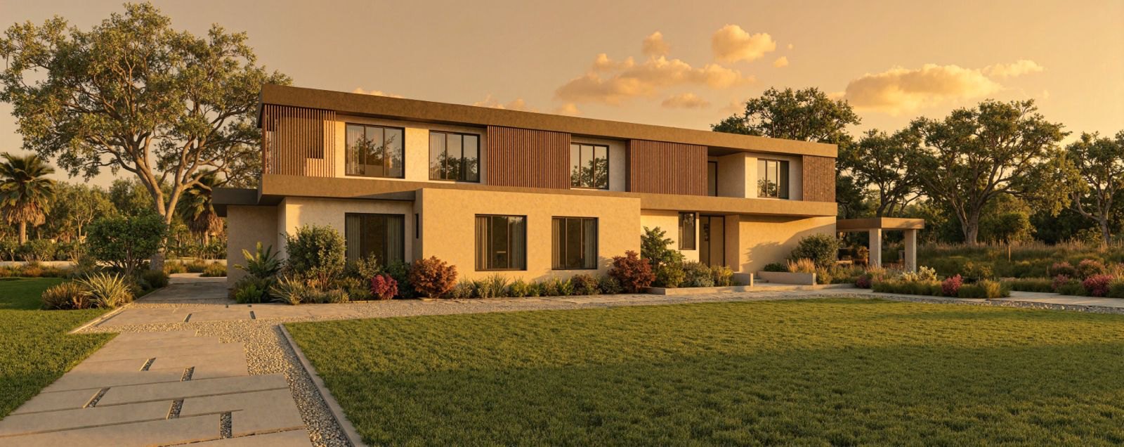 Casa Estia, the front elevation at golden hour