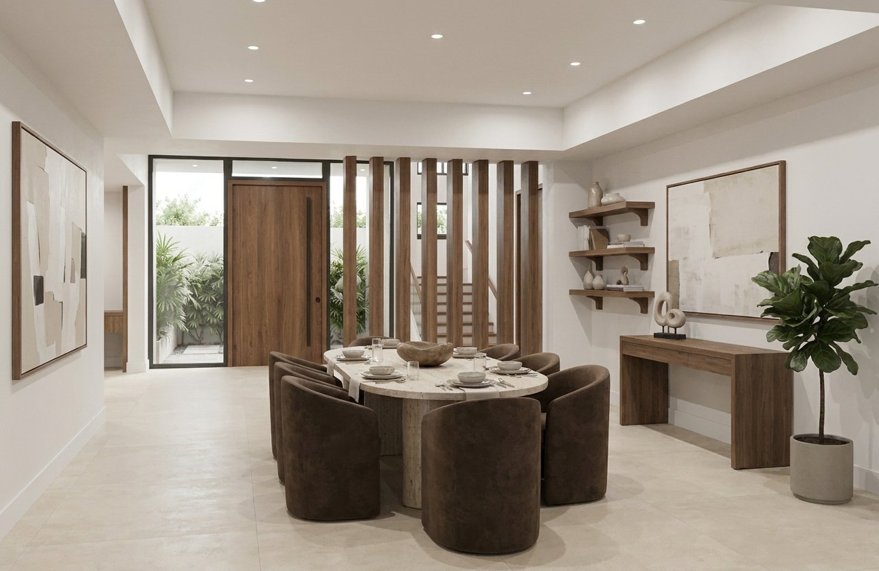 Formal dining with an oval stone table beside the entry