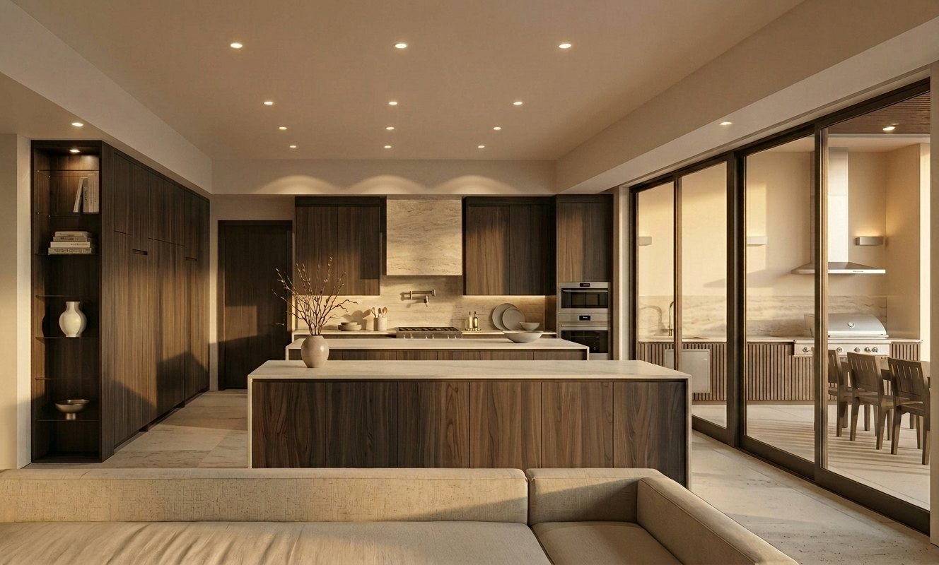 Kitchen with double walnut islands opening to the outdoor kitchen