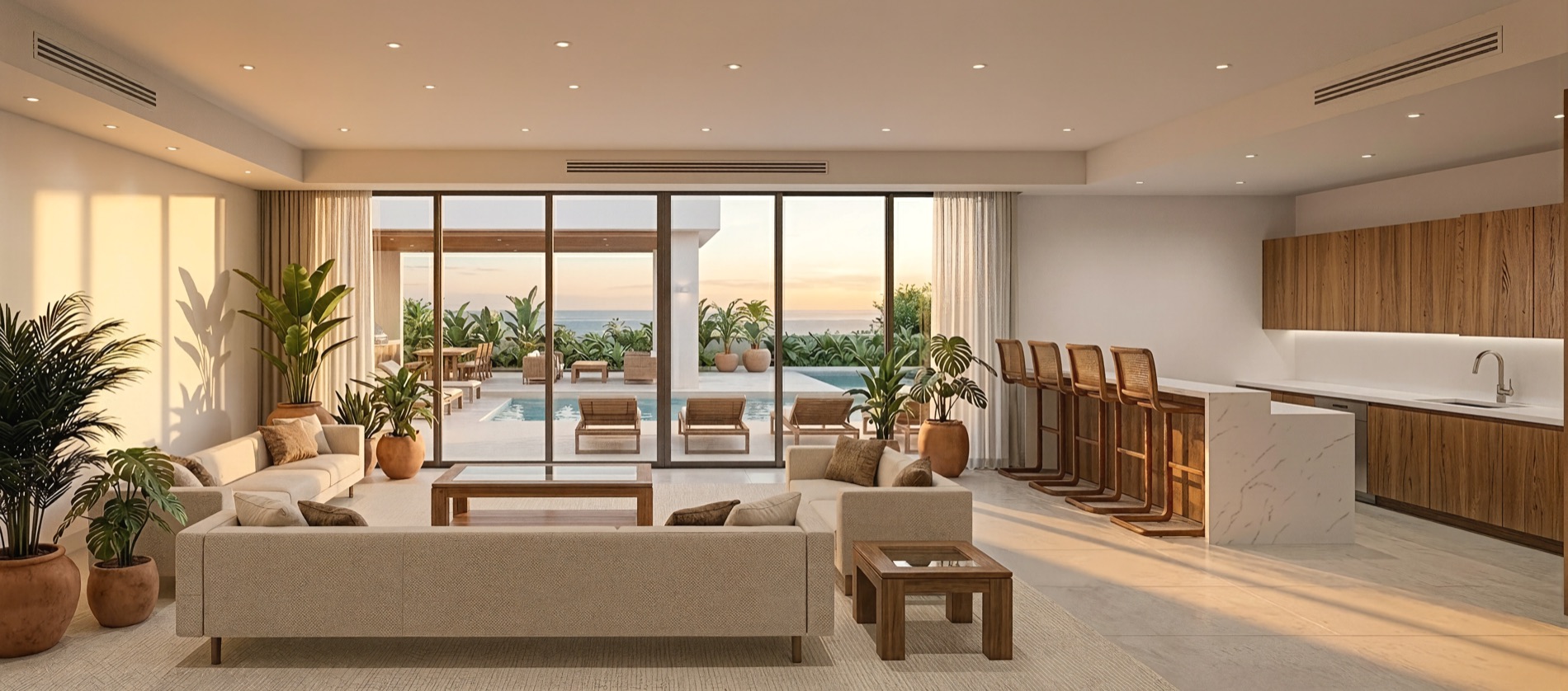 Living room and bar opening to the terrace