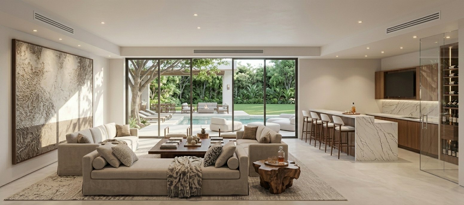 Living room with its marble bar and wine cellar, open to the pool terrace