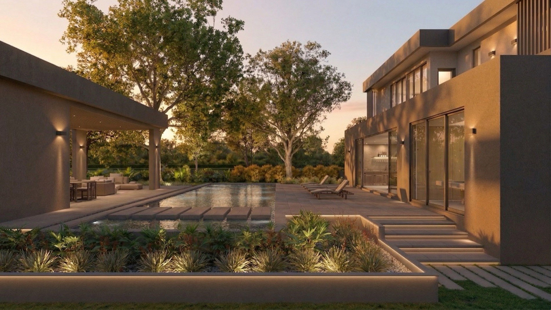 Pool and cabana at golden hour