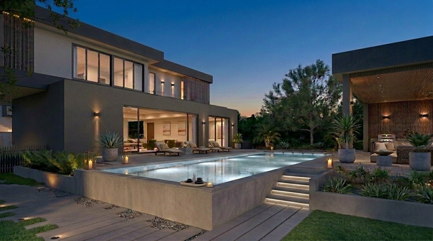The garden elevation and pool at dusk