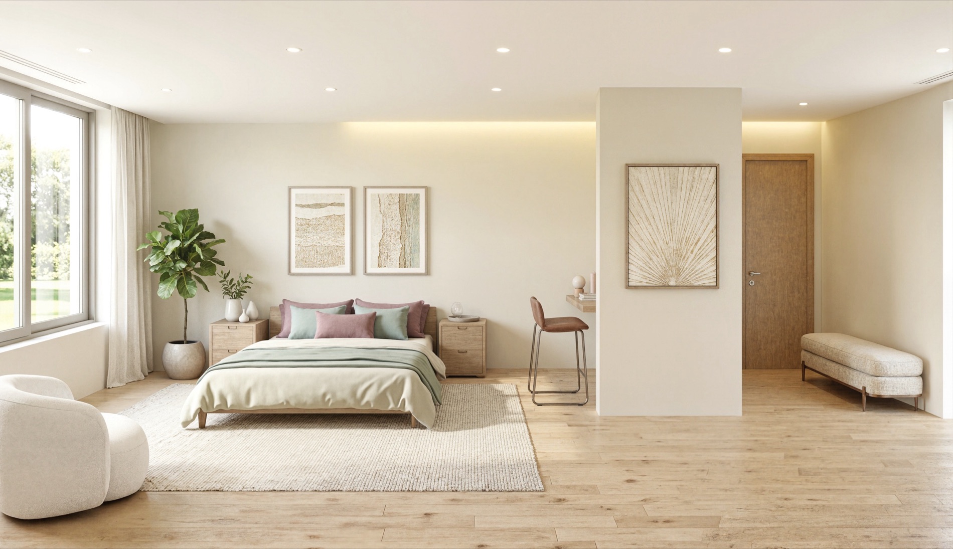 Primary suite with wood floors and custom millwork