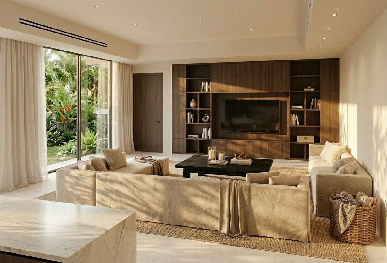 Family room with a walnut media wall