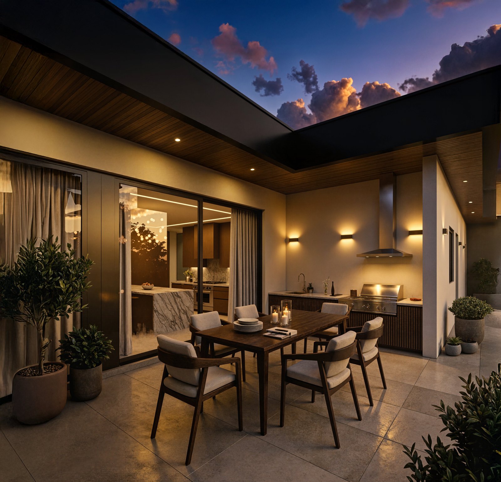 Outdoor dining at dusk beside the summer kitchen