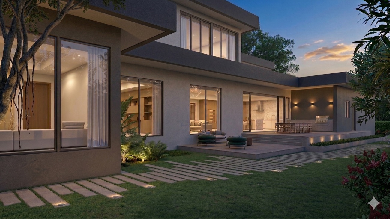 Rear elevation at dusk
