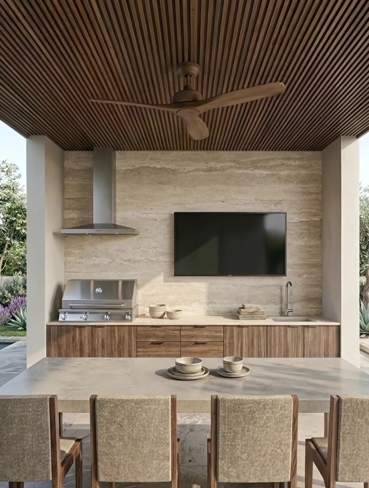 The summer kitchen under its slatted wood ceiling, ceiling fan turning
