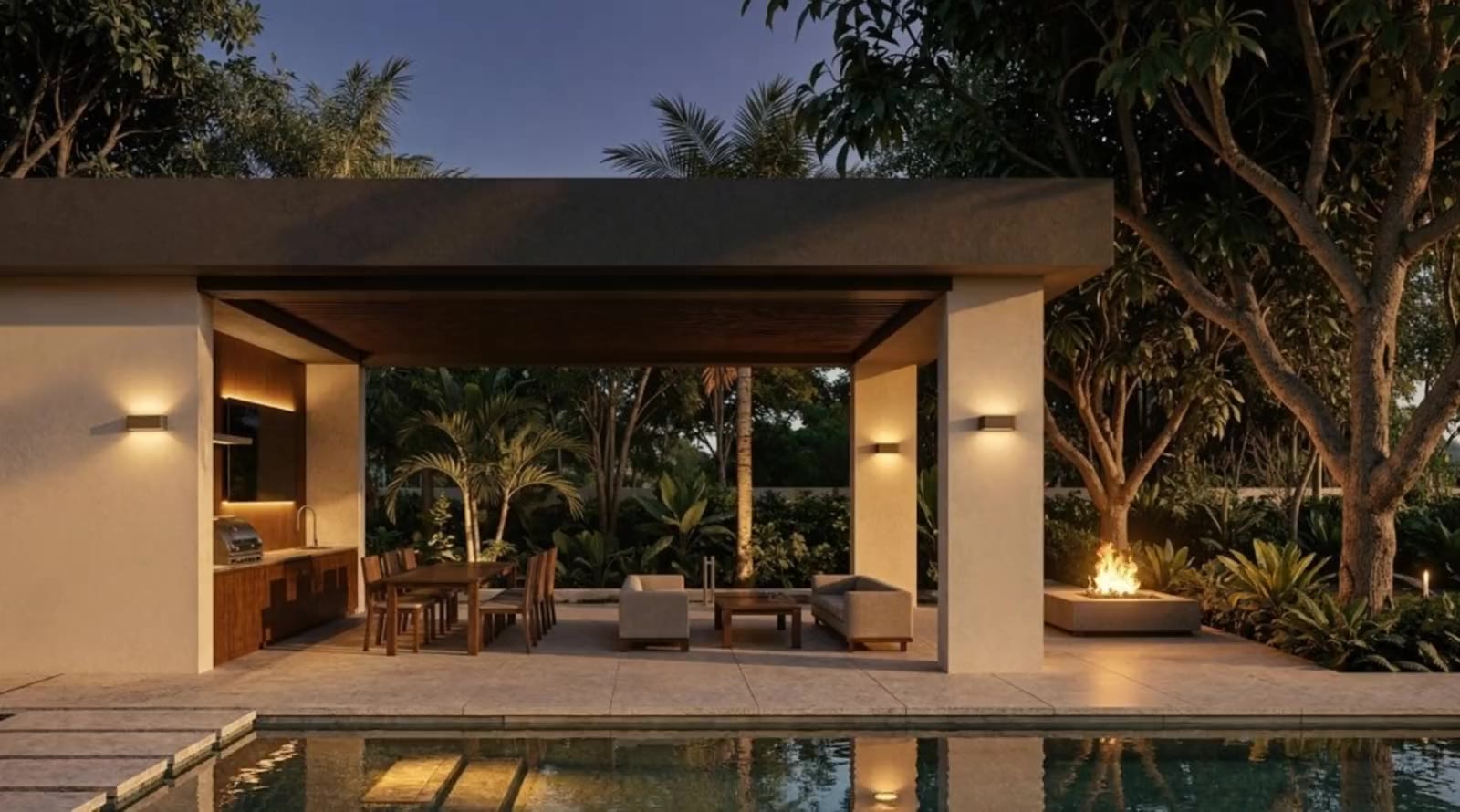 Cabana and firepit beside the pool at dusk