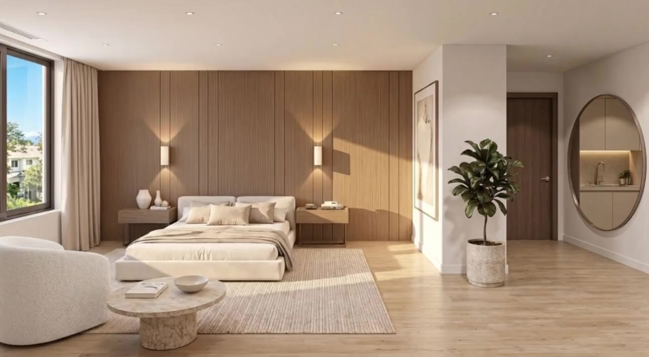 Primary suite with a paneled wood wall
