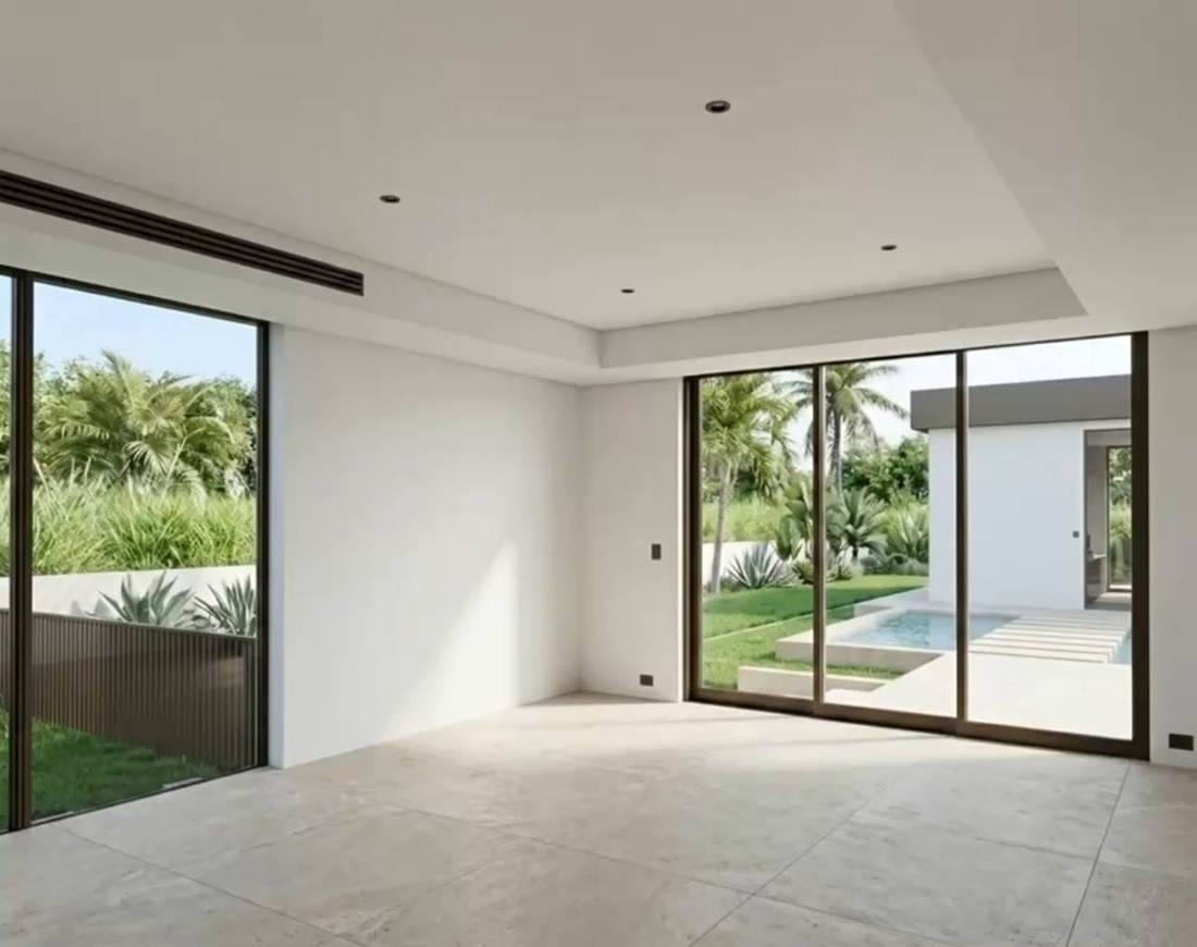 The flex room, shown empty before it is furnished