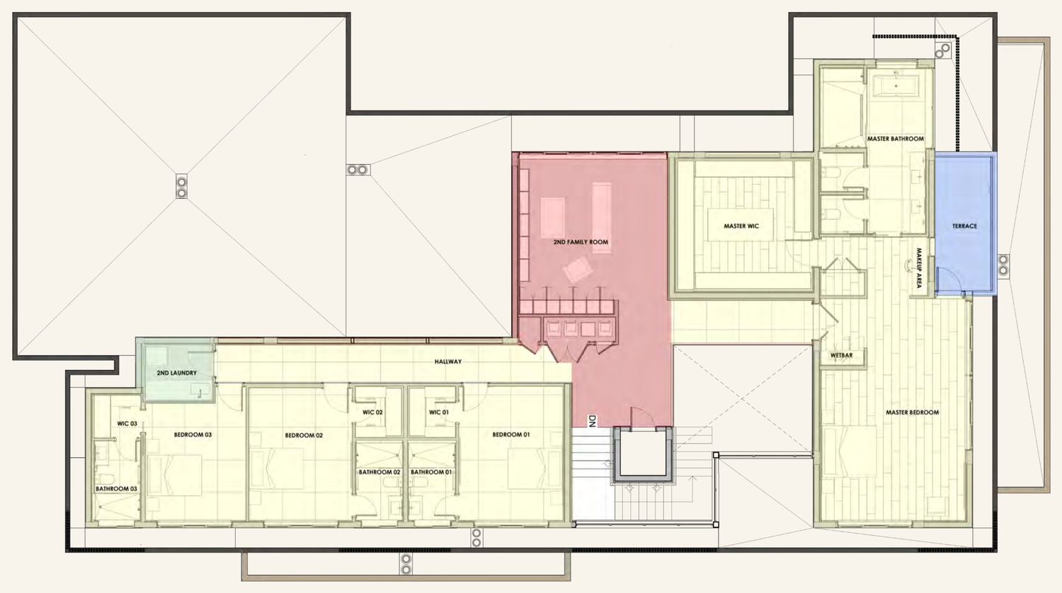 Casa Estia second level plan, colour coded by zone